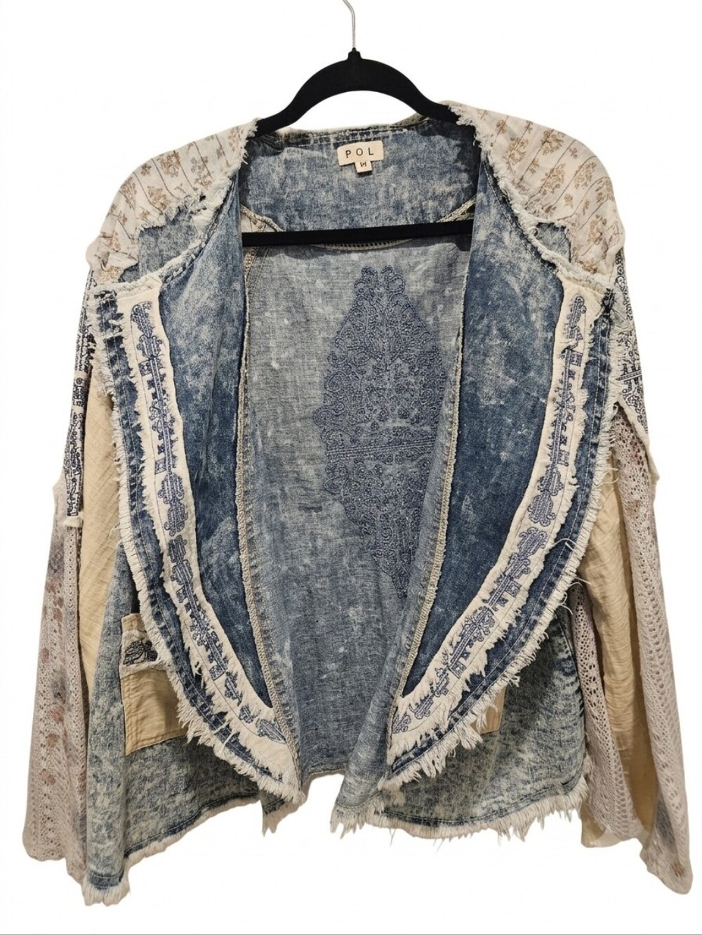 POL Patchwork Boho Crochet Lace Fringe Open Front Jacket - Medium - Picture 3 of 8